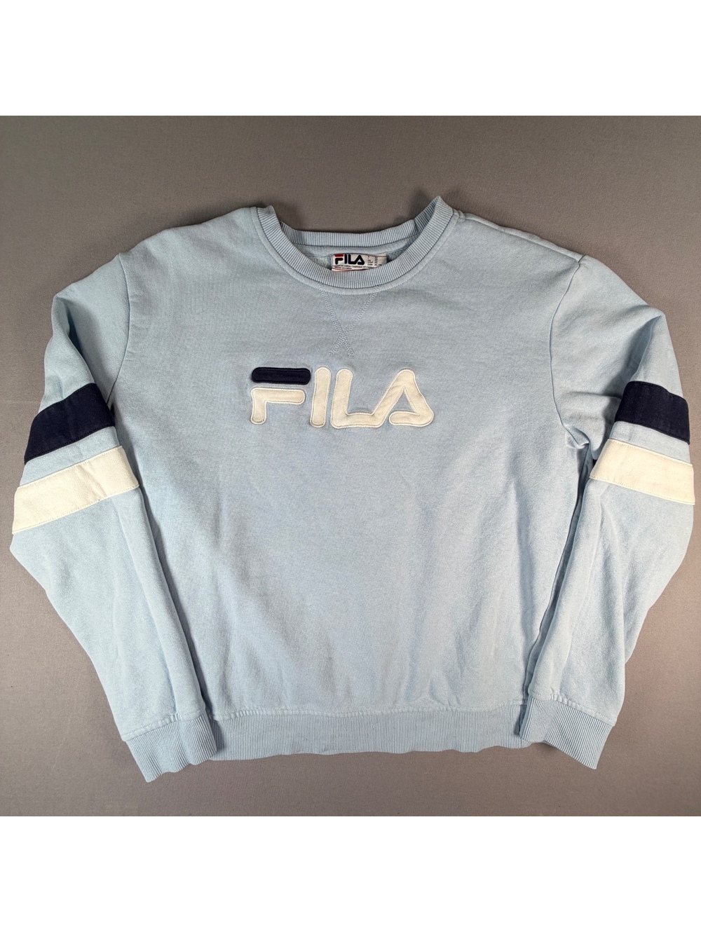 FILA Sweatshirt Women's XL Blue Spellout Logo Stripe Sleeve Crewneck